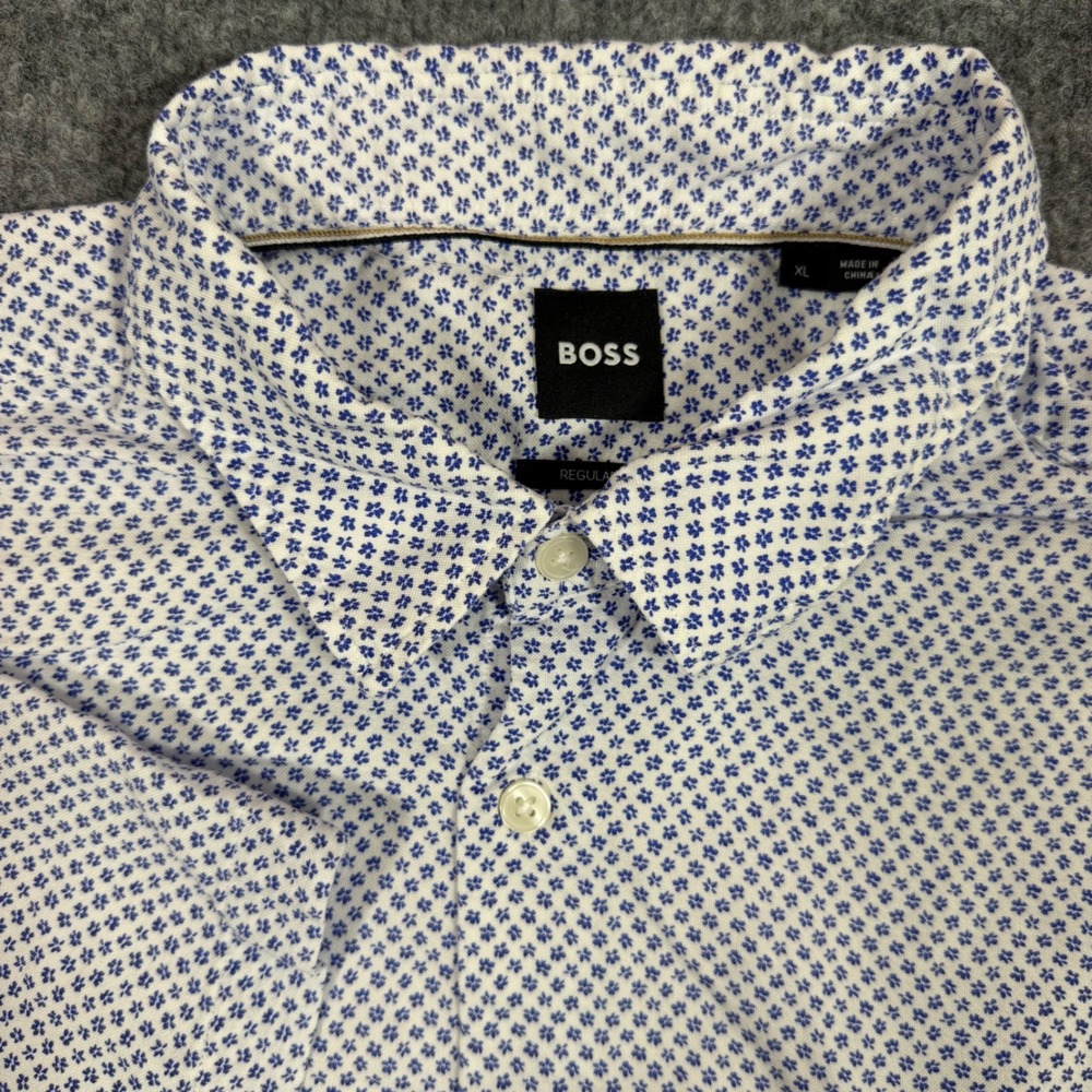 BOSS Hugo Boss Button Down Floral Regular Fit Mens XL Blue White Lyocell EUC